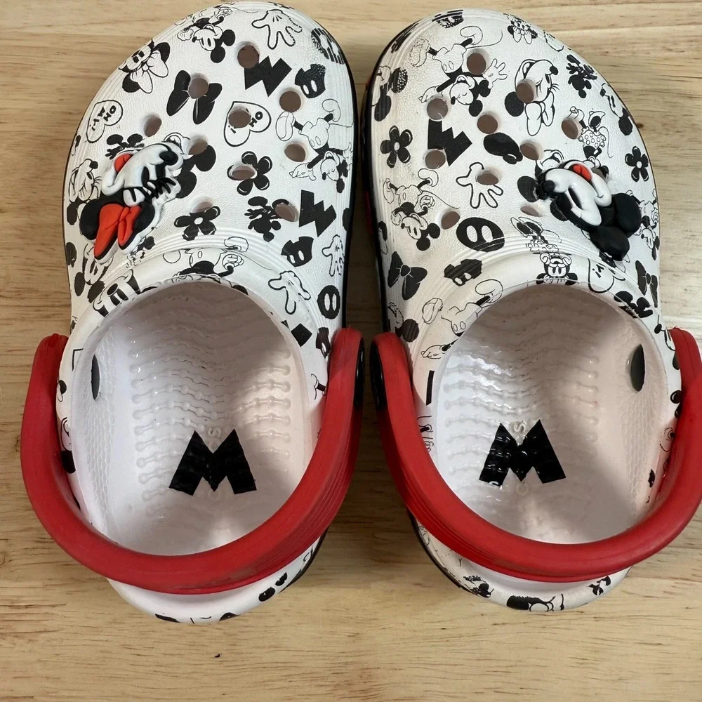 CROCS Kids White Black Mickey & Minnie Character Clogs with Red Strap